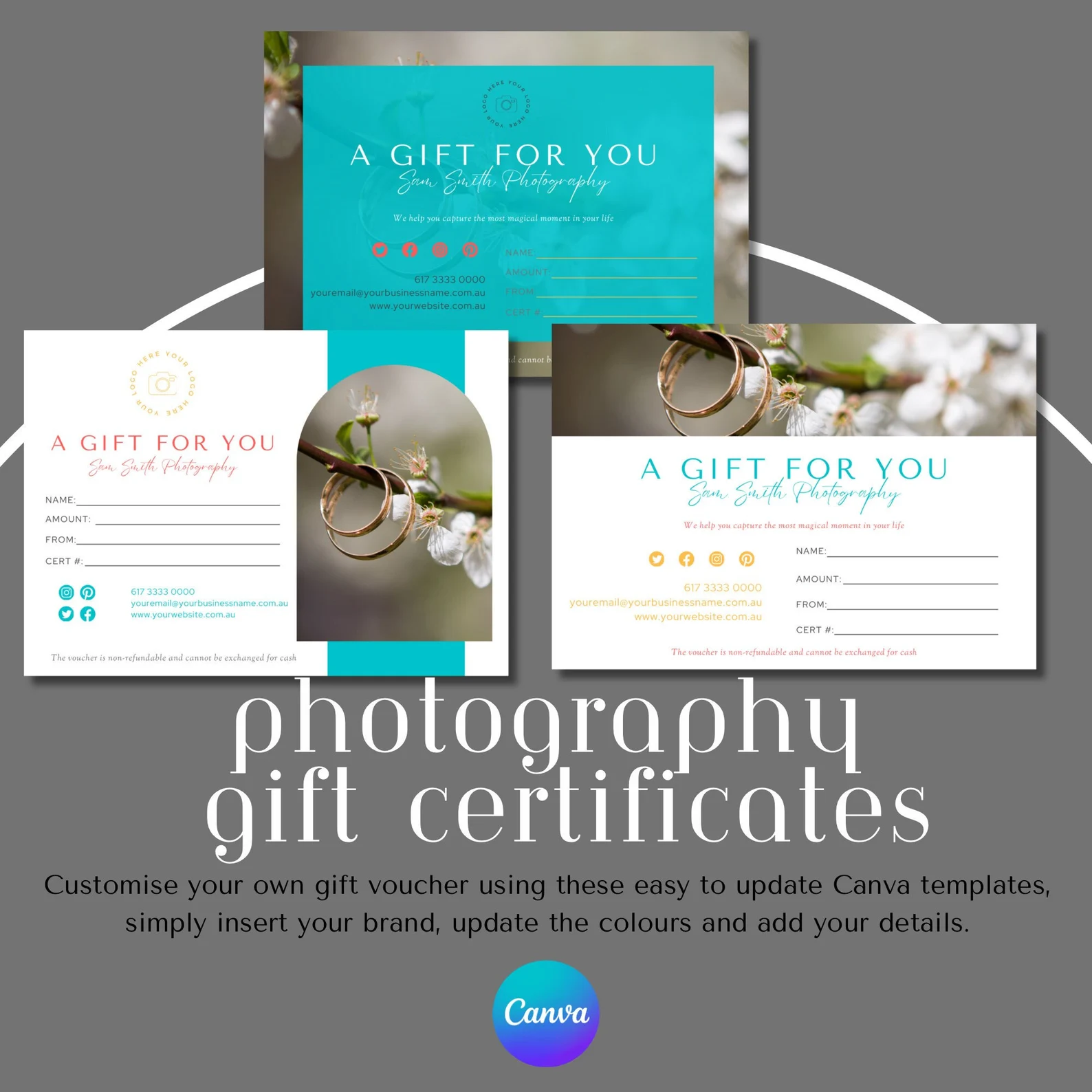Photography gift certificates editable canva template