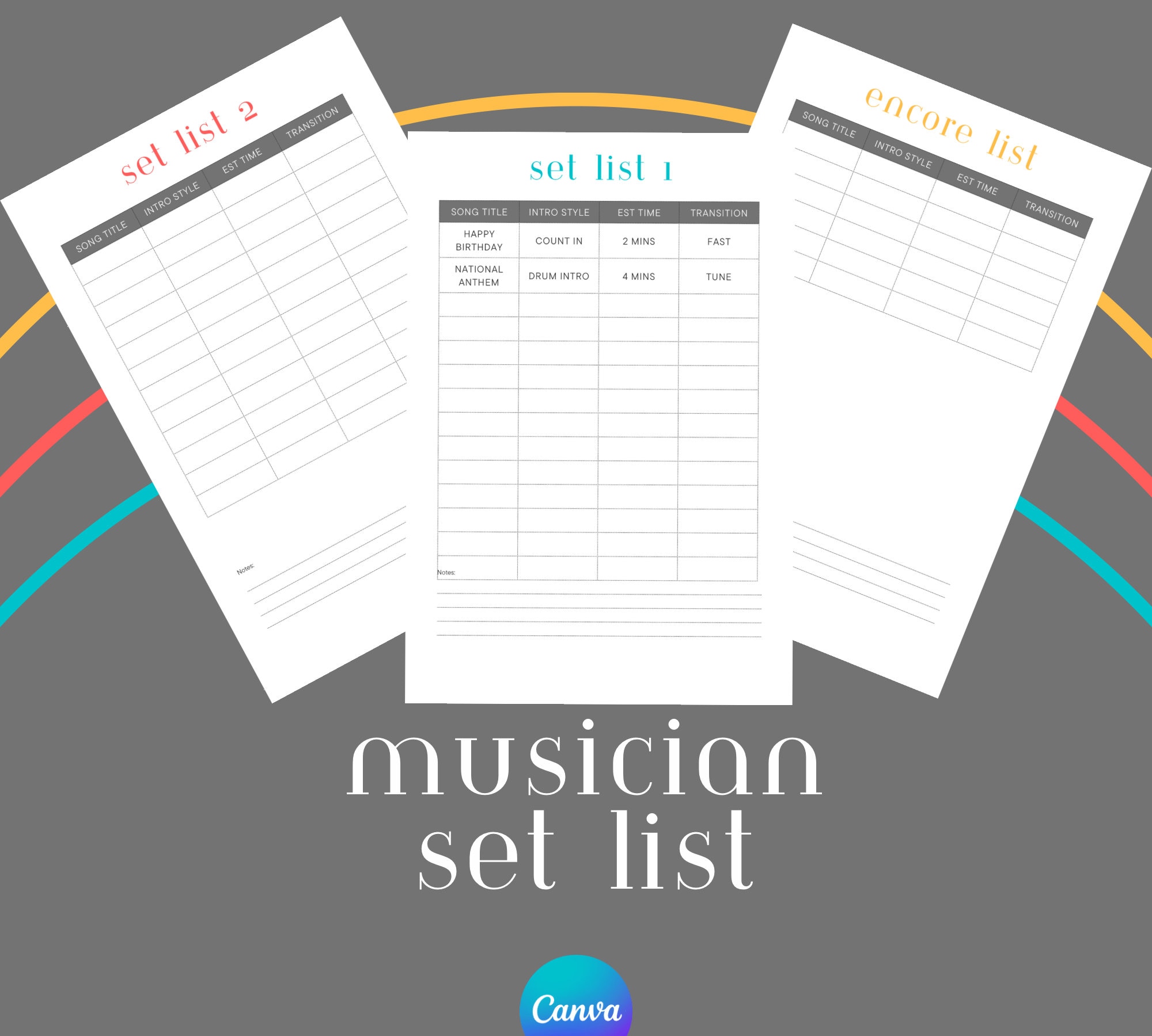 Musician Set List & Encore Info Sheets Templates editable in canva, Canva mock up, canva mock ups, canva listing, canva templates